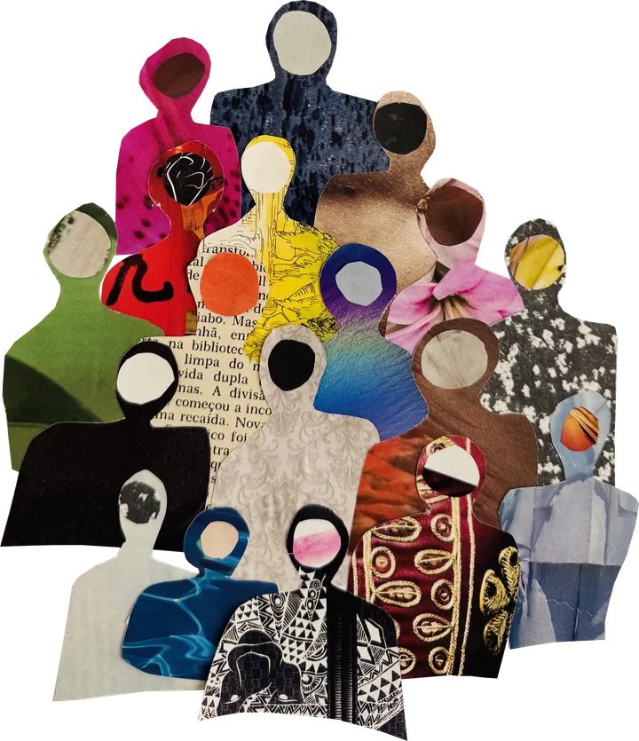 Collage: a crowd of cut-paper figures